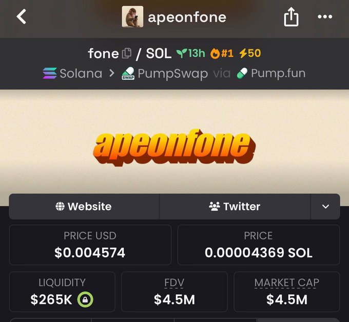 A DexScreener chart shows the token "apeonfone" ($fone) trading on Solana via PumpSwap/Pump.fun at $0.004574 with a $4.5M market cap and $265K liquidity, having launched 13 hours ago. The image visually supports the post's claim of a $4.6M market cap and recent rapid price action for the newly launched meme token.
