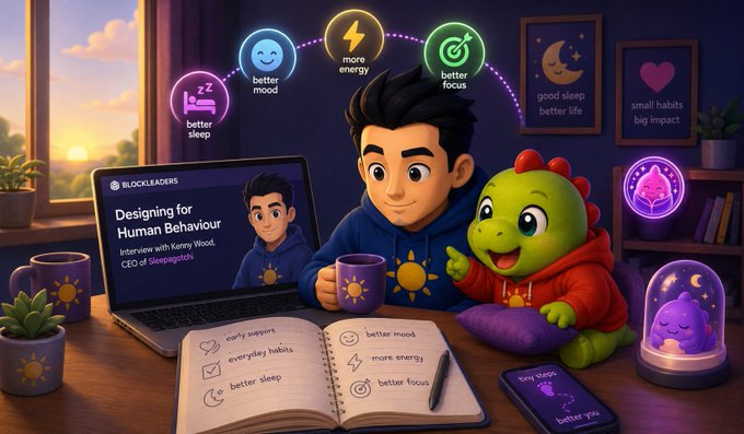 A cartoon-style image for 'BlockLeaders' featuring a young man and a green dinosaur plush, with floating icons promoting 'better sleep,' 'better mood,' 'more energy,' and 'better focus.'