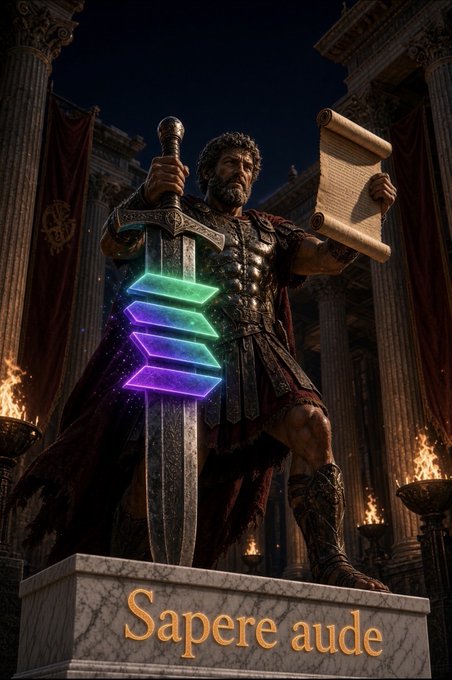 Digital illustration of a Roman-style statue holding a sword and scroll in a classical setting, with glowing colored layers on the sword and the text 'Sapere aude' inscribed on the base.