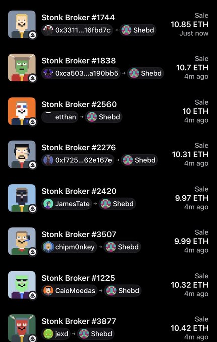 A series of recent Stonk Broker NFT sales ranging from 9.97 ETH to 10.85 ETH, all bought by the wallet "Shebd" within the past few minutes, totaling approximately 90 ETH. The transactions include purchases of Stonk Brokers #1744, #1838, #2560, #2276, #2420, #3507, #1225, and #3877 from various sellers like JamesTate, chipm0nkey, CaioMoedas, and jexd.