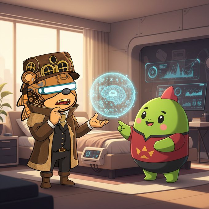 The image features a cartoon character dressed as a man wearing a top hat, standing next to another cartoon character who appears to be a green monster with a red hat. The two characters are positioned in front of a bed, which has an alarm clock on it. They seem to be engaged in conversation or observing something together.

The image also includes text that reads "Woke up reflecting on how sleepagotchi is redefining health data". This phrase suggests that the cartoon character with the top hat might have been discussing the concept of using a sleep agitating device, such as a sleep agitating clock, to track and analyze one's sleeping patterns. The green monster with the red hat could be an animated representation of someone who has used this device or is considering doing so.
