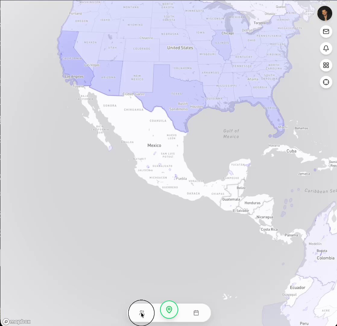 The image shows a map of the United States with a purple overlay indicating the states of California and New York. The map also includes a green button labeled "E" that could be used for various purposes, such as navigating or searching for specific locations within the country.