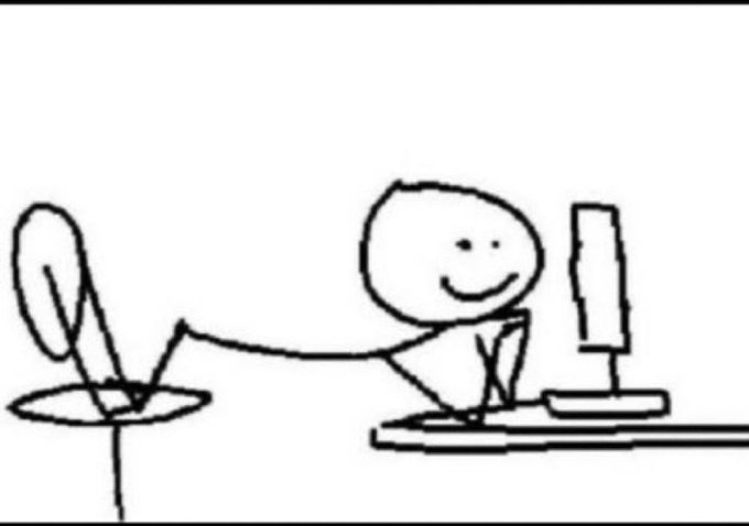 A simple black-and-white line drawing of a smiling stick figure sitting at a desk with a computer monitor and using a desk fan.