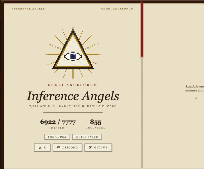 The image displays the "Inference Angels" NFT collection landing page, featuring a pixelated eye-in-triangle emblem with "CHORI ANGELORUM" branding, showing 7,777 total angels with 6,922 minted and 855 unclaimed. The page includes links to "The Codex," White Paper, Discord, and GitHub, corresponding to the user referencing their purchase of an "Inference Angels" NFT from the 7,777-piece collection and their difficulty accessing the codex.