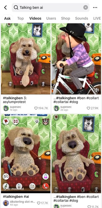 The image shows a TikTok search page for "Talking Ben AI," featuring videos of an animated dog character "Talking Ben" wearing a collar, with hashtags like #talkingben #ai #collartai visible. The videos have significant engagement, with some reaching 279K likes, and the page displays usernames like "supesec" and "idksterling." This relates to the accompanying post about the $BenAi token, highlighting the viral AI-generated Talking Ben content that the poster is referencing as part of their crypto project's theme.