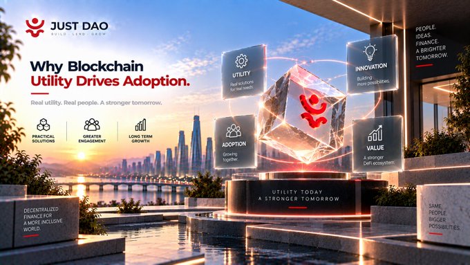 A promotional graphic for 'JUST DAO' titled 'Why Blockchain Utility Drives Adoption,' showing a glowing cube with icons representing Utility, Innovation, Adoption, and Value against a city waterfront at sunset.