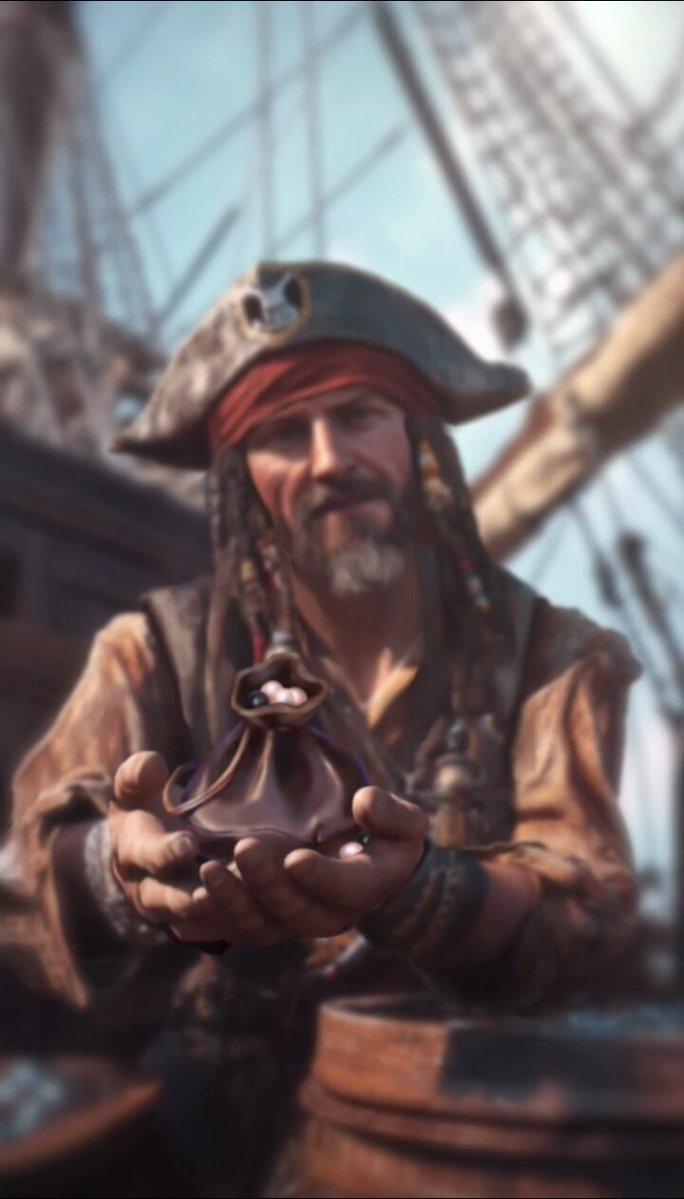 The image features a man dressed as a pirate, holding up an item that appears to be a bag or pouch containing a pearl and a coin. The background of the image shows a ship with sails, suggesting that this scene takes place on a boat or in a maritime setting. The post includes text that reads "Pack Purchased! Pearl: 100,000 Black Pearl: 500 Address: 0xbb6c...E24E Transaction: bscscan.com/tx/0x32e770b13". This implies that the pirate character has purchased an item from another party and is now displaying it for others to see or interact with.