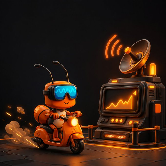 A small orange robot wearing blue goggles rides a scooter past a futuristic terminal displaying an orange upward-trending stock chart, with a satellite dish beaming signals overhead. The scene visually represents the post "ANT RUNNING！" by illustrating a rapidly rising market trend with the robot in active, forward motion.