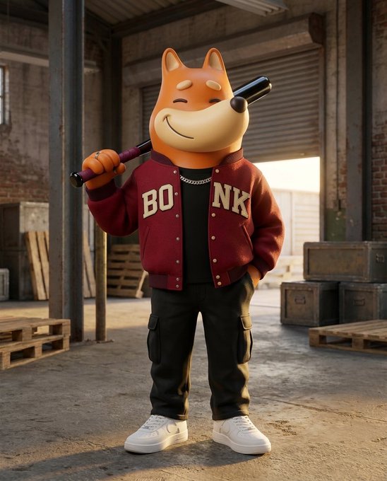 A cartoon Shiba Inu wearing a maroon varsity jacket with "BONK" emblazoned across the front stands in an industrial warehouse, holding a baseball bat over its shoulder. The image aligns with the "gBONK BONKers" post, visually embodying the meme coin's theme with the dog's confident, mischievous pose reinforcing the "Keep BONKin" message.