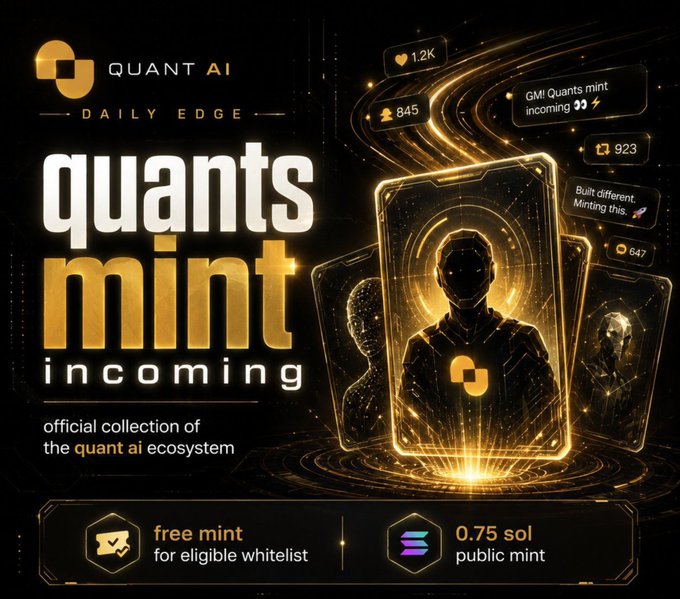 A promotional graphic for Quant AI's "Quants Mint Incoming" NFT collection, featuring futuristic golden card designs with a silhouetted figure and social engagement metrics (1.2K likes, 845, 923, 647), announcing a free mint for eligible whitelist holders and a 0.75 SOL public mint as the official collection of the Quant AI ecosystem.