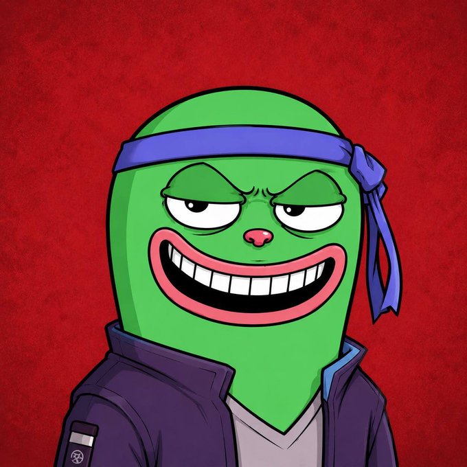 Digital illustration of the Pepe the Frog meme character with a sinister smile, wearing a blue headband and a dark blue jacket against a textured red background.