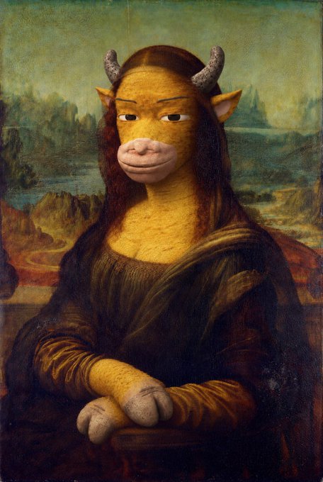 An artistic parody of the Mona Lisa featuring a figure with a yellow cow-like face and horns instead of a human head, set against the classic painted landscape background.