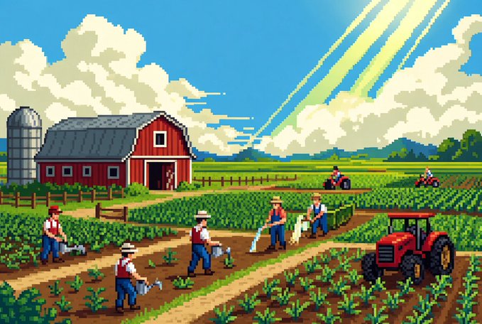 A pixel art illustration shows farmers tending crops and driving red tractors across a farm, complete with a red barn, silo, and sunlit fields, visually representing the busy agricultural activity described in the accompanying post.

The image depicts a vibrant pixel art farm scene with farmers working in fields and driving tractors, visually reinforcing the post's theme of "33 farmers" actively participating in a gamified farming experience on @HarvestPmp, with no visible text, numbers, or tickers shown in the artwork itself.