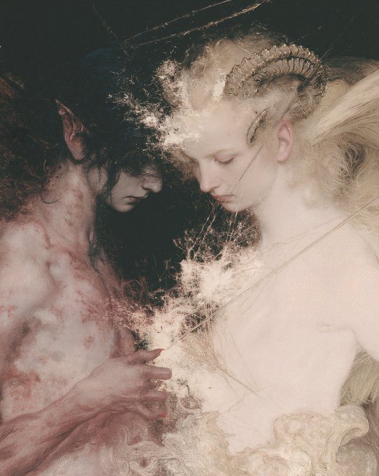 An artistic, painterly image shows two figures close together in profile, one with dark hair and reddish tones and the other pale with curved horns, surrounded by ethereal mist.
