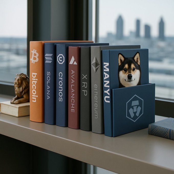 A row of cryptocurrency-themed books stands on a windowsill, with titles representing Bitcoin, Solana, Cronos, Avalanche, XRP, Ethereum, and a prominently featured $MANYU book showcasing a Shiba Inu dog on the cover. The image relates to the $MANYU token promotion by positioning it alongside established cryptocurrencies, lending it an air of legitimacy and suggesting it belongs among major digital assets—a visual metaphor for its aspirational climb to 72M.