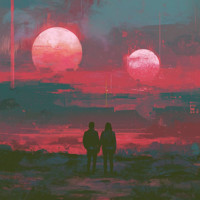 A sci-fi concept art piece depicting two silhouetted figures holding hands, looking out over a red and teal landscape with two large celestial bodies or suns hanging in a painted, textured sky.