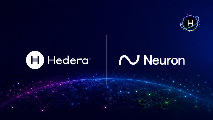 A promotional graphic featuring the Hedera and Neuron logos side by side on a dark blue background with a colorful network-patterned globe, visually representing the partnership mentioned in the post about building decentralized physical infrastructure networks (DePIN) on Hedera's blockchain.