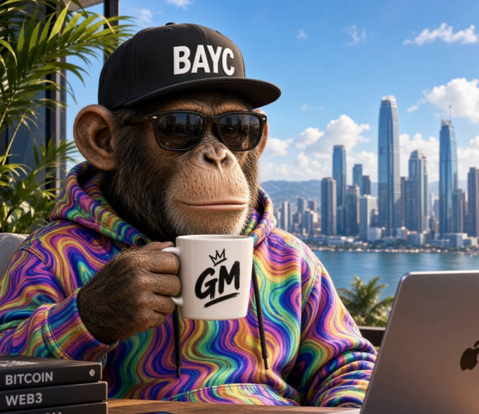 A digitally rendered monkey wearing sunglasses, a black 'BAYC' cap, and a vibrant psychedelic hoodie, holding a 'GM' mug while sitting at a desk with a laptop, with 'BITCOIN' and 'WEB3' books and a city skyline behind it.