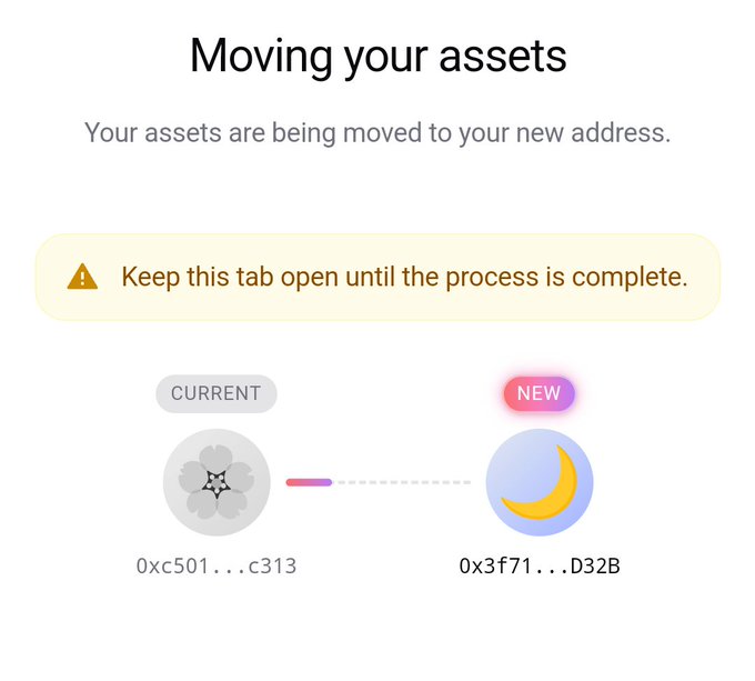 A digital interface titled 'Moving your assets' showing a transfer process from a 'CURRENT' address (0xc501...c313) to a 'NEW' address (0x3f71...D32B).