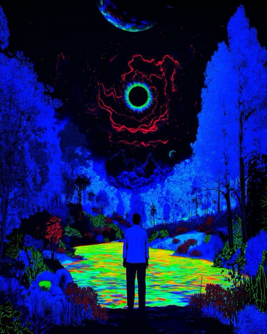 A vibrant psychedelic illustration of a person standing on a path looking up at a glowing eclipse-like celestial event surrounded by red energy rings, set in a forest with neon blue trees.