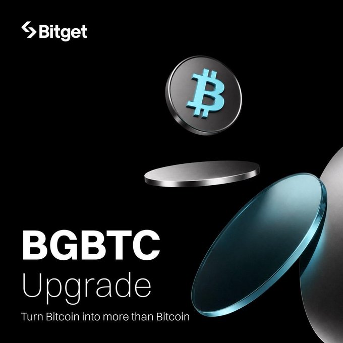 Bitget promotional image for BGBTC Upgrade featuring a Bitcoin coin floating above metallic discs, with the tagline 'Turn Bitcoin into more than Bitcoin'.