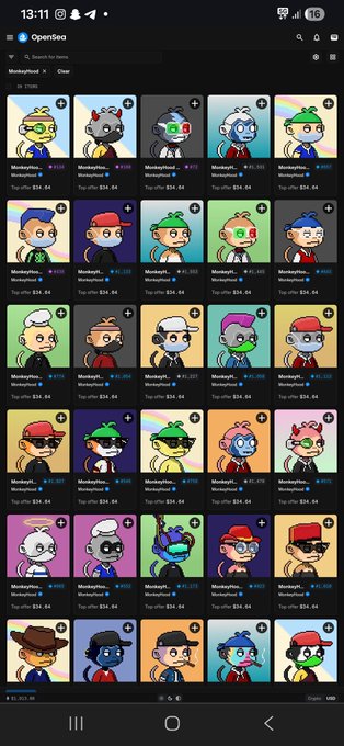 An OpenSea NFT marketplace screenshot displaying a collection of cartoon-style monkey avatars by MonkeyPox priced at approximately 0.044 ETH each.