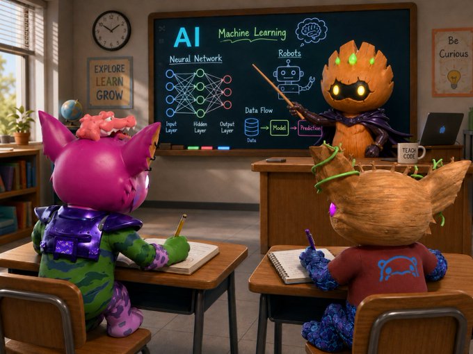 A 3D-rendered classroom scene where colorful monster-like characters study AI and Machine Learning, with a teacher character pointing to a chalkboard showing neural network diagrams and a 'Be Curious' poster on the wall.