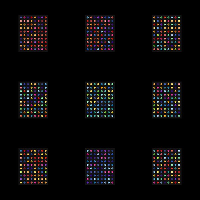 Nine colorful dot-matrix style grids arranged in a 3x3 pattern on a black background, each displaying a unique arrangement of multicolored dots.
