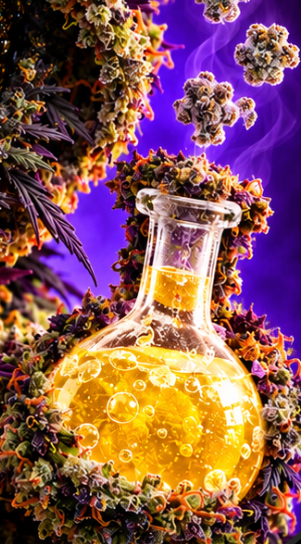 A glass round-bottom flask filled with a glowing golden-yellow bubbling liquid is surrounded by purple cannabis buds and orange pistils against a swirling purple background.