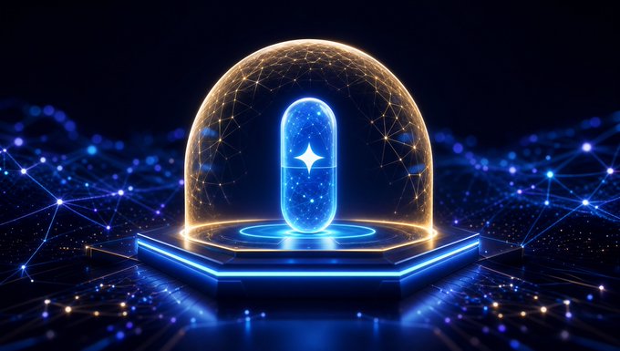 A digital artwork of a glowing blue capsule or pill encased in a golden, web-like dome, sitting on an illuminated hexagonal platform surrounded by a network of blue and gold light particles.