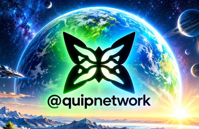 A digital graphic featuring the text '@quipnetwork' overlaid on a sci-fi illustration of Earth with planets, stars, mountains, and a spaceship.