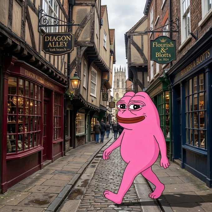 A pink cartoon frog character walking down a cobblestone street in what appears to be Diagon Alley or a similar setting, with shop signs reading 'DIAGON ALLEY' and 'Flourish & Blotts'.