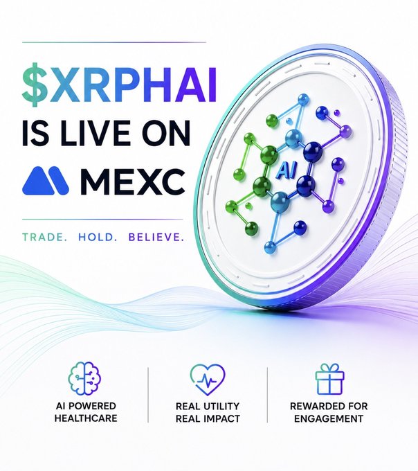 A promotional graphic announces '$XRPHAI IS LIVE ON MEXC' with the tagline 'TRADE. HOLD. BELIEVE.' and a 3D coin featuring an AI molecular design, highlighting AI-powered healthcare and real utility.