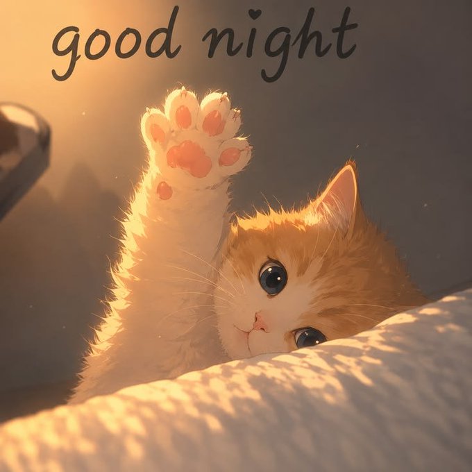 An anime-style illustration of an orange and white kitten lying on a soft surface with its paw raised, accompanied by the text 'good night'.