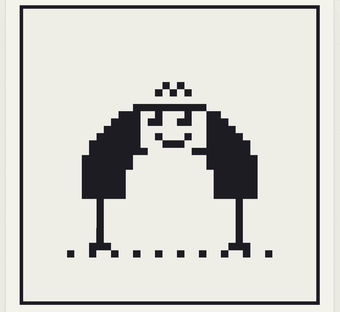 Pixel art style icon depicting a smiling character in a suit with arms on hips, topped with what appears to be a crown or sparkles, set against a light background within a square border.