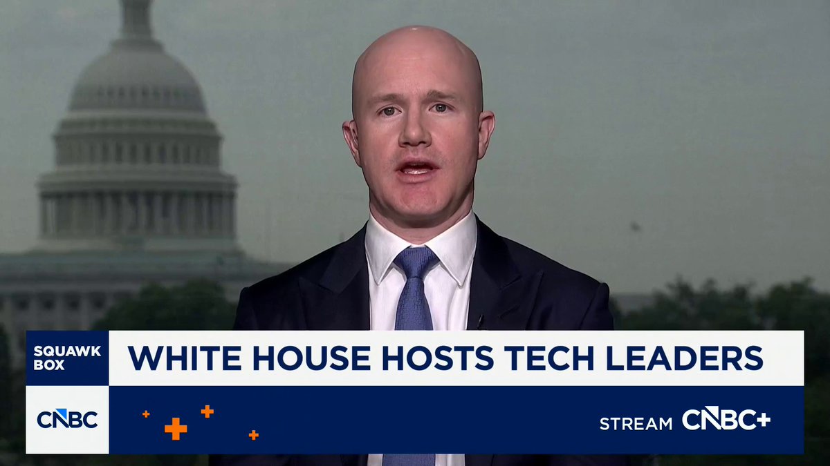 A CNBC "Squawk Box" anchor reports from Washington, with the U.S. Capitol dome visible in the background, while the chyron reads "WHITE HOUSE HOSTS TECH LEADERS" alongside a prompt to stream on CNBC+. The image relates to the accompanying post by featuring a business news broadcast likely covering the White House tech summit where Coinbase CEO Brian Armstrong discussed the upcoming crypto bull market.