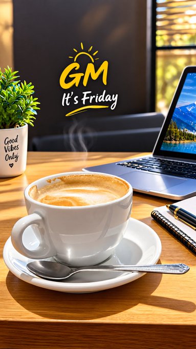 A cozy desktop scene featuring a cup of cappuccino on a wooden table next to a laptop, with a small plant and the text 'GM It's Friday' overlaid in yellow and white lettering.