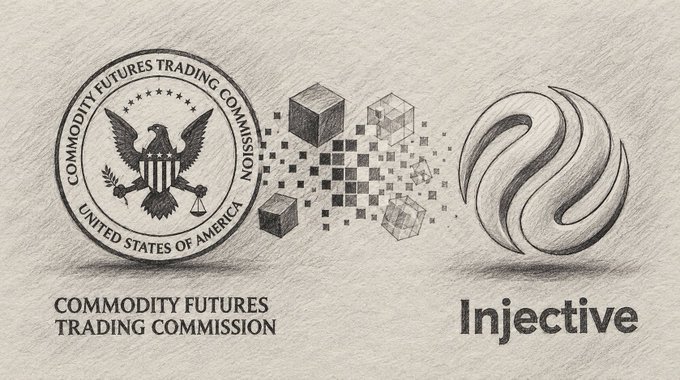 A pencil-sketch style illustration showing the seal of the Commodity Futures Trading Commission alongside the Injective cryptocurrency logo with dissolving cube graphics between them.