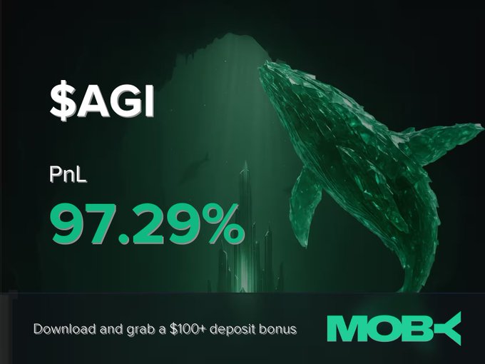 A promotional graphic for Moby displays a $AGI win alert with a PnL of 97.29%, featuring a green crystalline whale breaching in an underwater scene alongside "$AGI" and "Moby" branding with a $100+ deposit bonus offer.