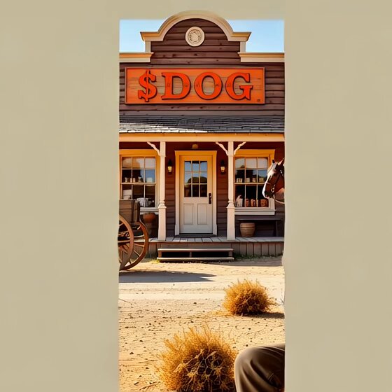 The image features a small, old-fashioned building with an orange sign that reads "Country $DOG". This suggests that the building might be related to a dog grooming or pet care business. The building has a porch and a horse standing nearby, which adds to its rustic charm.