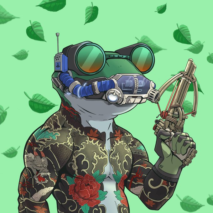 An illustration of a frog wearing green goggles, a breathing apparatus, and a floral tattoo-patterned jacket, holding a futuristic crossbow against a green background with leaves.