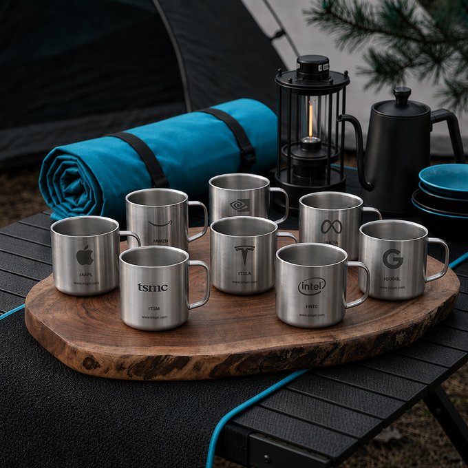 A collection of stainless steel camping mugs featuring logos of major tech companies including Apple, TSMC, Tesla, Intel, Meta, Google, and Amazon, arranged on a wooden slab with camping gear in the background.