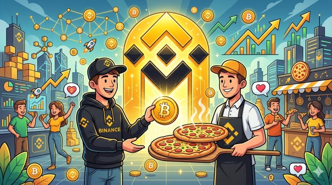 The image features two men standing next to each other holding up pizzas with Bitcoin symbols above them, surrounded by various elements such as buildings, people, and a cityscape. The text "Bitcoin changed the world" is also present in the image. The post seems to be promoting Bitcoin or celebrating its impact on society through the use of pizza imagery.