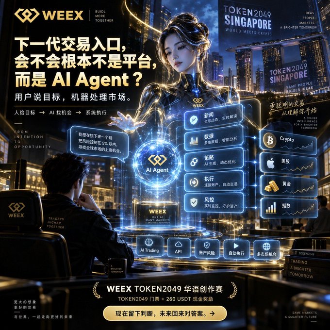 A WEEX promotional advertisement for TOKEN2049 Singapore featuring an AI agent concept, with Chinese text asking 'Will the next generation trading entry be AI Agents?' and highlighting features like news, data, strategy, execution, and risk control across crypto, stocks, gold, and indices.