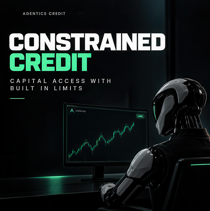 A sleek humanoid robot sits at a desk analyzing a glowing green stock chart on a monitor, embodying the concept of an AI trading agent managing capital with built-in constraints. The image features "Agentics Credit" branding and the headline "Constrained Credit: Capital Access With Built In Limits," reinforcing the message that trading agents operate within defined boundaries rather than receiving unrestricted capital.
