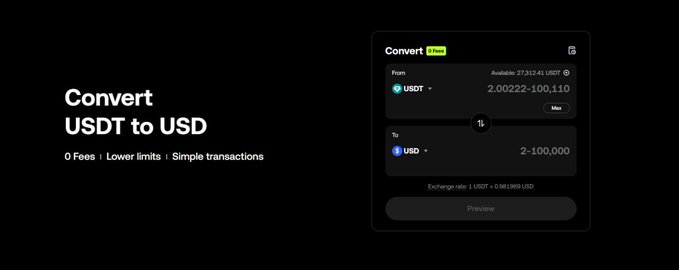 A promotional graphic for OKX's crypto-to-fiat conversion feature shows a dark-themed interface for converting USDT to USD, highlighting "0 Fees, Lower limits, Simple transactions" alongside a preview panel displaying an available balance of 27,312.43 USDT and a 1:1 exchange rate, illustrating the platform's seamless cash-out process highlighted in the accompanying post.