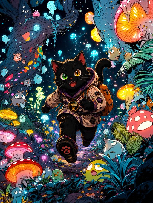 A vibrant digital illustration of a black cat with green eyes wearing a hoodie and backpack, running through a colorful forest filled with glowing mushrooms and small ghost-like creatures.