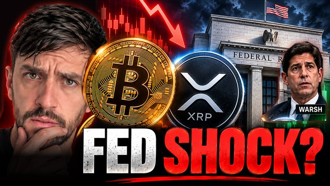 A split image shows a concerned man on the left and a man labeled "WARSH" in front of the Federal Reserve on the right, with Bitcoin and XRP (XRP) coin graphics in the center and a downward red trend arrow above. Bold text at the bottom reads "FED SHOCK?" tying together the post's urgent warning about the Clarity Act, rate hikes, and crypto market impact.