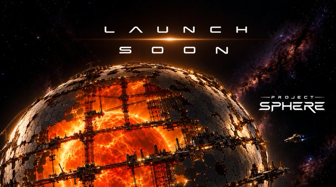 A sci-fi space scene showing a damaged, glowing planetary sphere beneath the title "LAUNCH SOON," with "PROJECT SPHERE" logo text on the right.