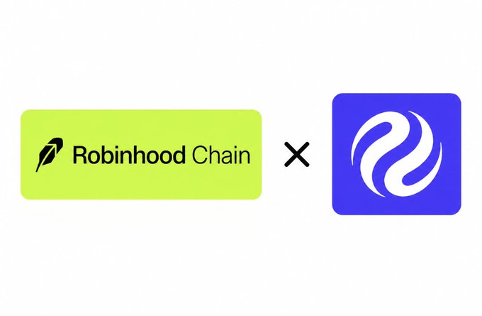 A graphic displays a green 'Robinhood Chain' button with a feather logo next to an 'x' and a blue square logo featuring a white swirling design.